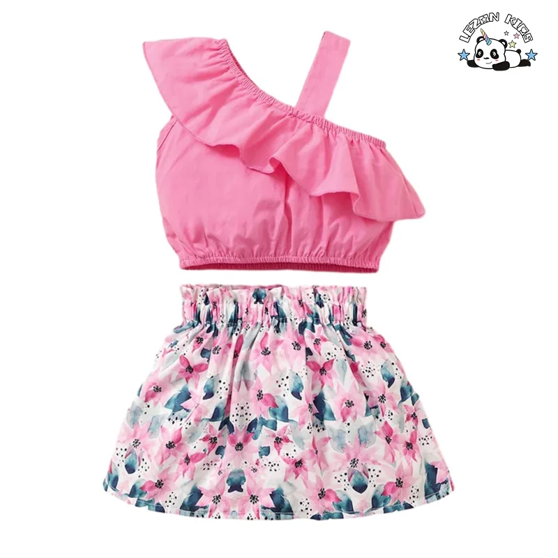 LEZONKIDS - Summer Girl Set One-Shoulder Lotus Leaf Collar Blouse Floral Skirt Two-Piece Set